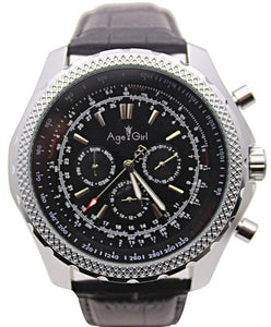 Silver Black Leather Watch